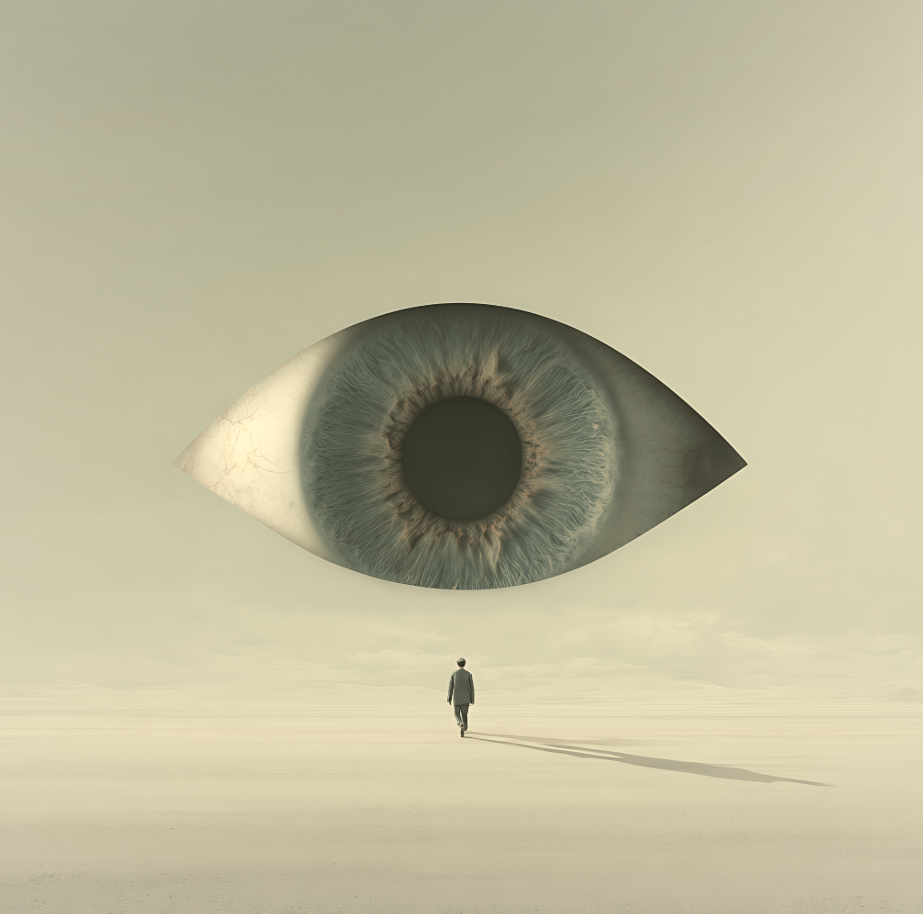 A vast eye watching a lone figure crossing an open plain