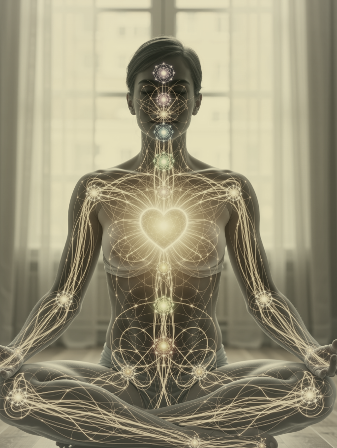 Meditator with luminous energy pathways and chakra centres